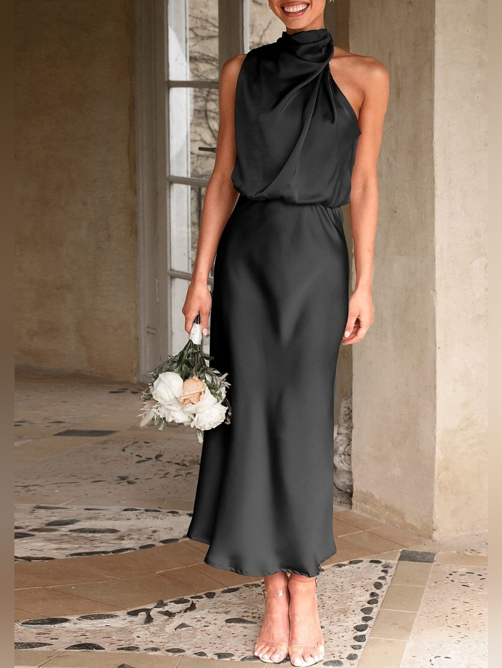 PRETTY GARDEN | satin mock neck cocktail dress